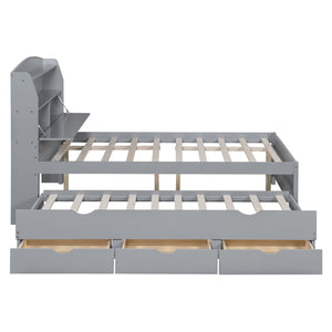 English Elm Full Size Wooden Led Platform Bed With Trundle, Storage Headboard & Usb Charging – Gray Finish N820S10009E