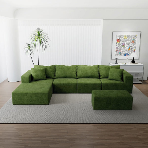 English Elm Modular Cloud Sectional Sofa with Corduroy Upholstery and Two Ottomans for Living Room W3341S00004