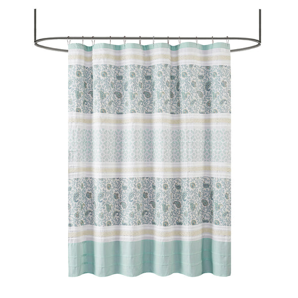 JLA Home Madison Park - Cotton Paisley Shower Curtain with Pin-Tucks and Lace Trim, OEKO-TEX Certified, 72x72 Inches Aqua MP70-2493