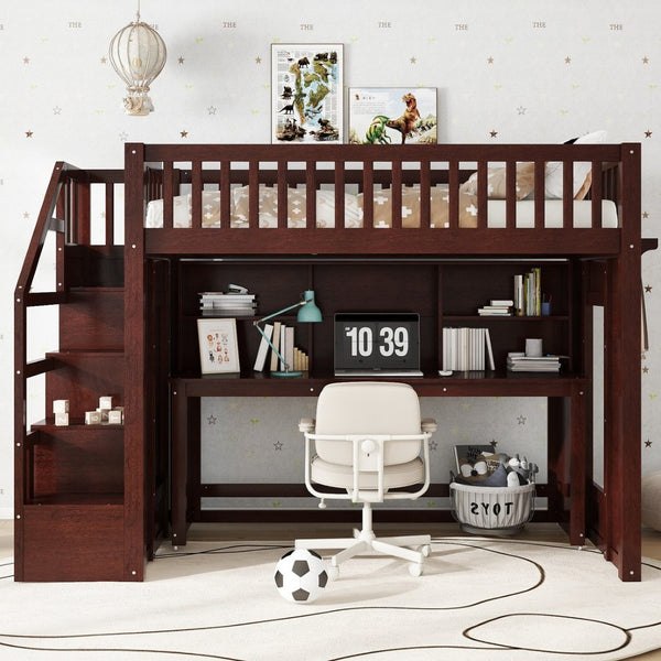 English Elm Twin Loft Bed with Movable Desk Open Shelving and Storage Stairs in Espresso W1580S00336