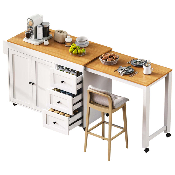 English Elm K&K 43.3" Kitchen Island with 27.6" Extendable Dining Table, Power Outlet, 7 Wheels, Ample Storage White N707P303401W