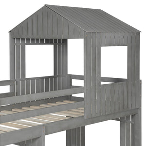 English Elm Wooden Twin Over Full Bunk Bed Farmhouse Playhouse Design with Ladder Guardrails LT000327AAE-1