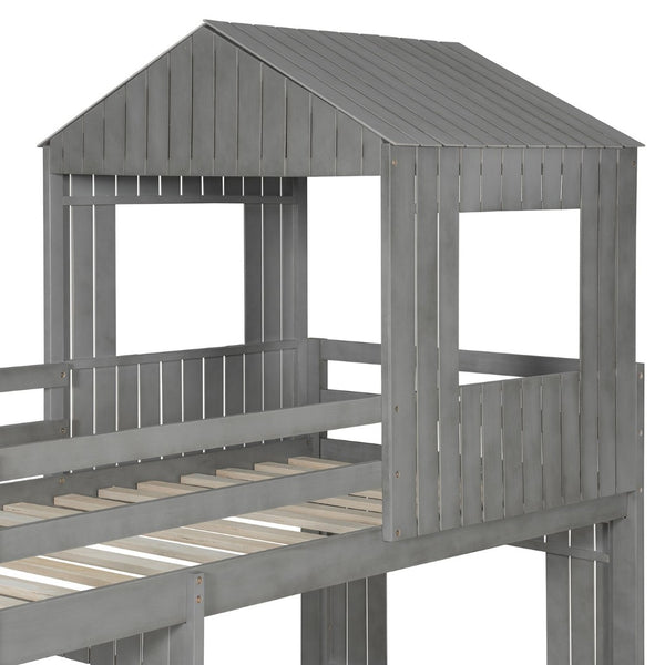 English Elm Wooden Twin Over Full Bunk Bed Farmhouse Playhouse Design with Ladder Guardrails LT000327AAE-1