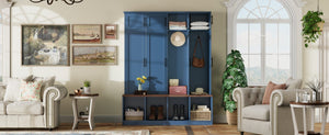 English Elm Farmhouse Hall Tree with Triple Arch Back Panel Eight Hooks Drawers and Entryway Bench Blue N721S000059C-1