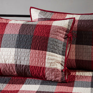 English Elm 6 Reversible Plaid Daybed Cover Set Red & Black Herringbone Quilt Twin Cabin Style Bedding Set B03597555