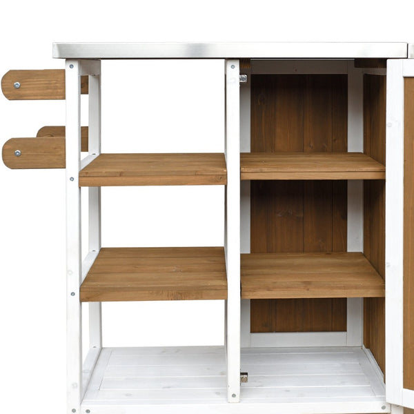 English Elm Foldable Outdoor Kitchen Cart with Stainless Worktop Fir Wood Frame and Lockable Wheels Brown+White N719P380281Z