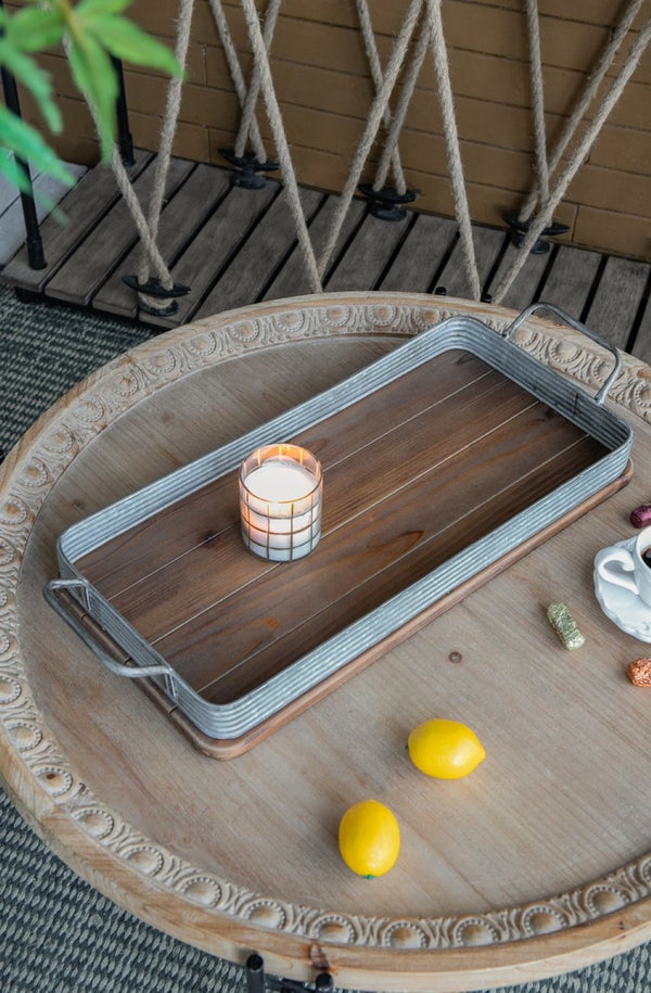 English Elm S/2 Rustic Fir Wood Serving Trays with Iron Accents for Farmhouse Tablescapes W2078P495641