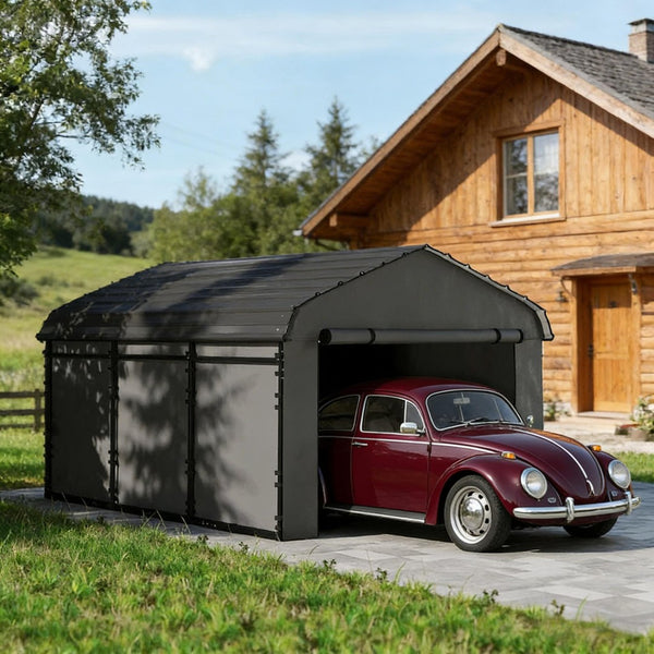 English Elm Heavy Steel Carport with Waterproof Metal Roof Wind Resistant Outdoor Vehicle Shelter T3971S00201