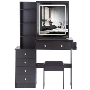 English Elm 37" Designer Vanity Set With Cushioned Stool, Touch Control Led Mirror, Usb Ports & Hair Dryer Stand W936P224320