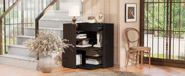 English Elm 32.5''-58.8''W Expandable Rotating Storage Cabinet with Drawer & Flip Doors, Modern Black Walnut Elegance N845P261744D