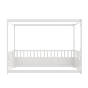 English Elm Twin Pine Canopy Bed Frame with Guardrails for Kids – Montessori Floor Bed with Four Poster Design and Cozy Decor Options White W1858P252838