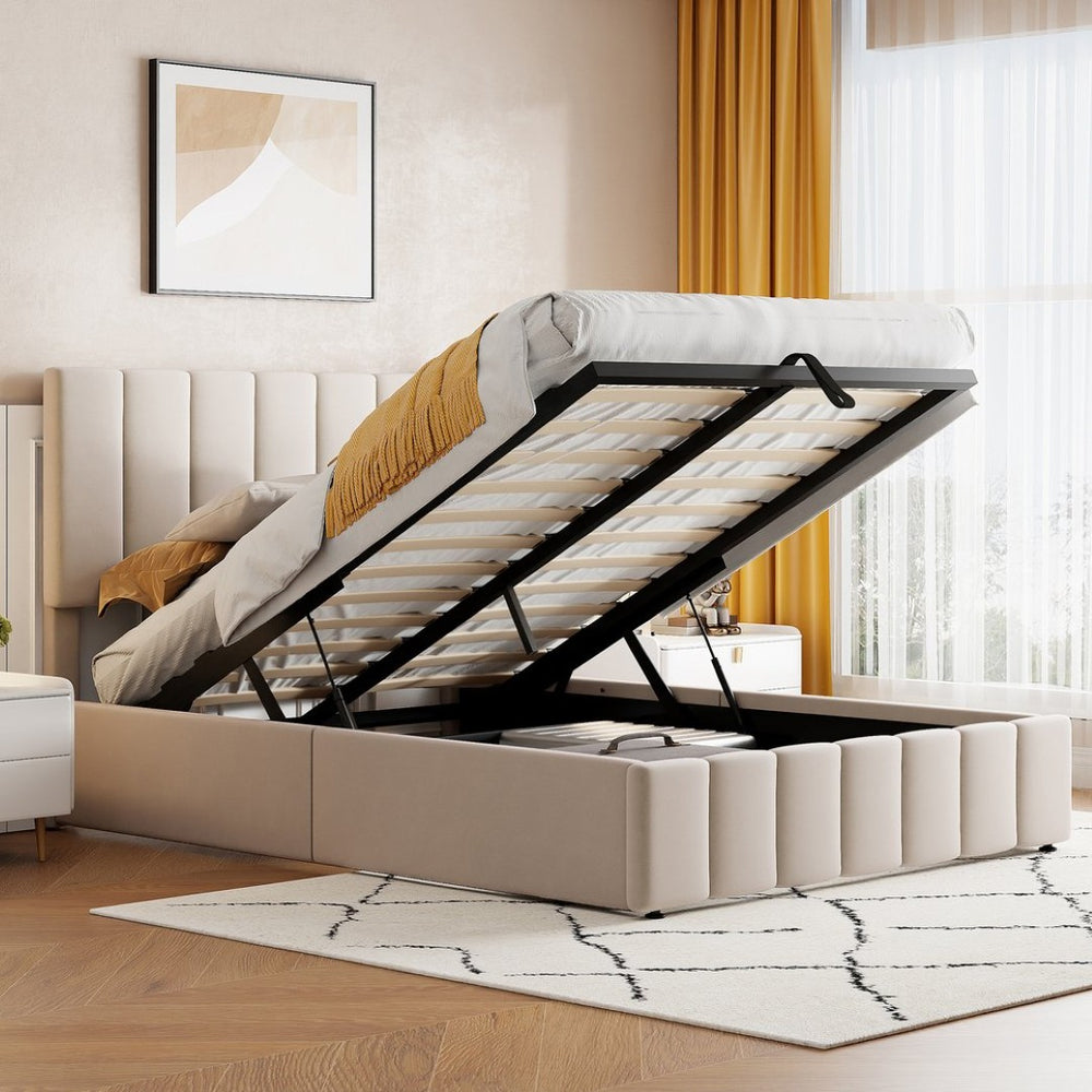 English Elm Full Size Linen Upholstered Platform Bed with Hydraulic Lift Storage and Foam Headboard N708P201551A