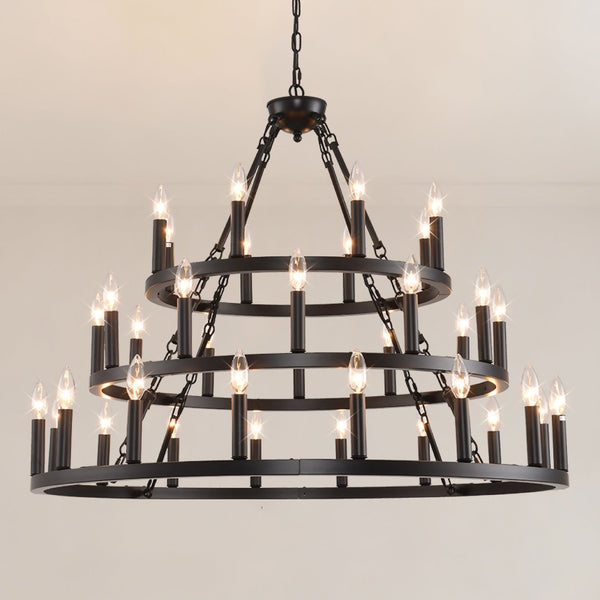 English Elm 39.37 Inch Three Tier Wagon Wheel Chandelier 36 Light Black Metal for High Ceilings W5008P392646