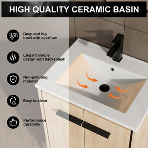 English Elm 24 Inch Oak Bathroom Vanity Base with Basin — Engineered Wood, Double-Door Storage, Minimalist Chic W1972S00003