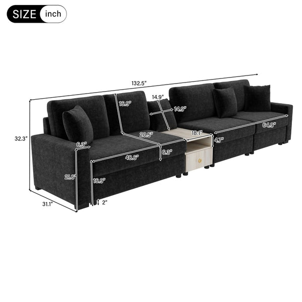 English Elm Modern Chenille Modular Sofa with Console Storage Armrest for Spacious Living Rooms Black N763S000065B