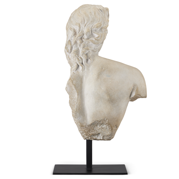 Young Royal Greek Torso Sculpture - Aged Beige Composite Artwork on Metal Base for Elegant Decor