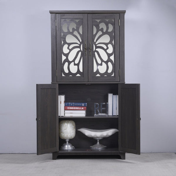 English Elm 67.4"h Mirrored Corner Cabinet Carved Butterfly Doors Adjustable Shelves Entryway Storage Dark Brown W2899P374347