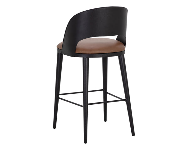 Sunpan Dezirae Barstool - Stylish Curved Back Design with Genuine Leather Seat and Unique Craftsmanship Black / Cognac Leather