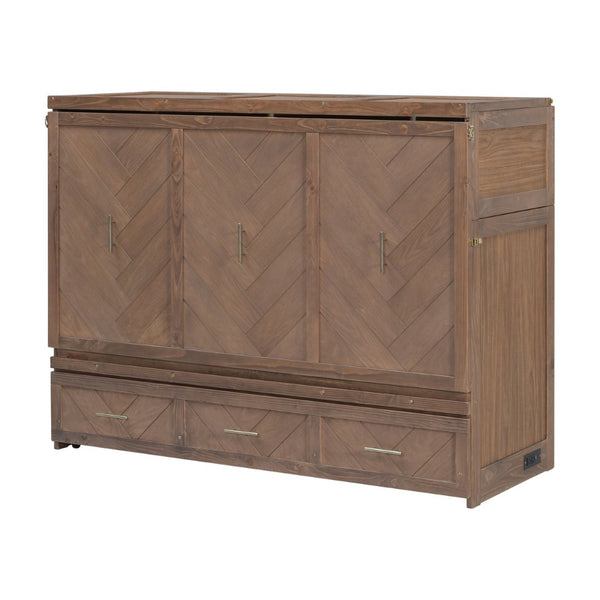 English Elm Queen Cabinet Murphy Bed Pine Wood Frame Geometric Panel Usb Charging Guest Room W504S00306