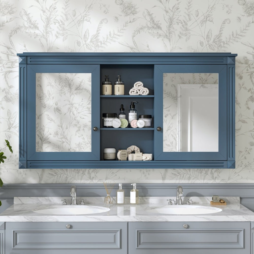 English Elm 55 Inch Wall Mount Medicine Cabinet Dual Mirrored Doors Soft Close Bathroom Vanity Storage Blue N710P401342C