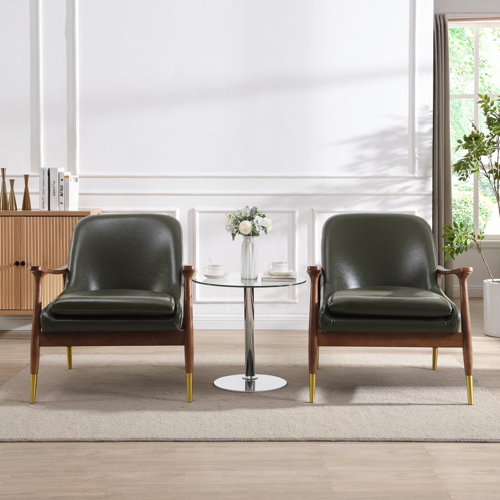 English Elm Christopher Knight Home® - [Set of 2] Mid-Century Faux Leather Accent Chair with Solid Wood Frame, Brass-Tipped Legs, Plush Cushions Green N767P205863G_2