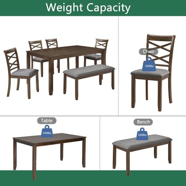 English Elm Elegant 6-Piece Wooden Dining Set With 4 Upholstered Chairs & Bench - Modern Walnut Finish, Comfort & Style W1998S00071