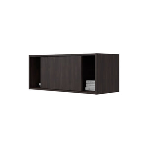 English Elm Stained Walnut Floating Wall Cabinet with Sliding Door and Open Display Shelves B062P476872