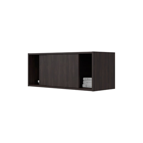 English Elm Stained Walnut Floating Wall Cabinet with Sliding Door and Open Display Shelves B062P476872