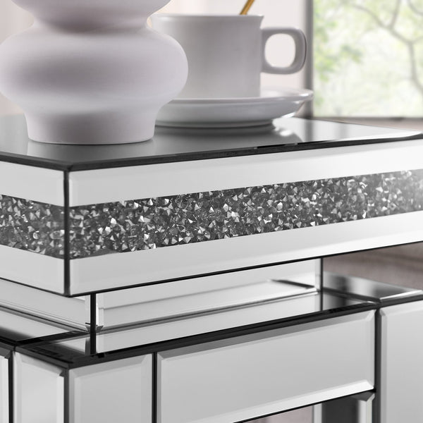 English Elm Mirrored Square End Table with Crystals Inlay, 2-Tier Modern Silver Accent Table with Storage for Living Room Bedroom 11.8"D x 11.8"W x 26"H W1005P249023
