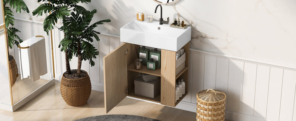 English Elm 21.6 inch Modern Floating Bathroom Vanity with Ceramic Basin, Wave Door, Rose Gold Handle Wood N729P170388D