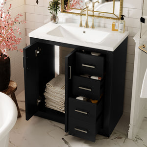 English Elm 30'' Bathroom Vanity With Ceramic Sink - Retro Freestanding Storage Cabinet, Soft-Close Drawers & Doors N710P191947B