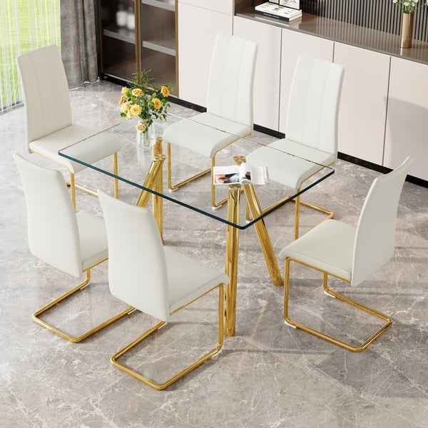 English Elm Tempered Glass Rectangular Dining Set Seats Six with Gold Metal Legs and White Chairs W3875S00047