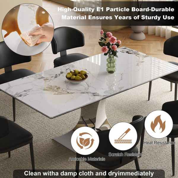 English Elm 71" Modern Rectangular Dining Table For 6-8 With Stylish Black Titanium Base & 8 Leather Chairs Included W2700S00055