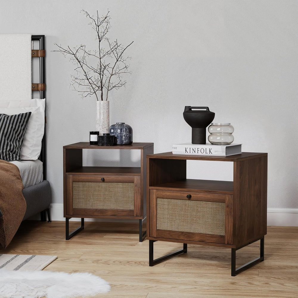 English Elm Wood Beacon Seagrass End Table Set of 2 with Hidden Storage, Boho MDF Nightstands in Antique Grey W295P210805