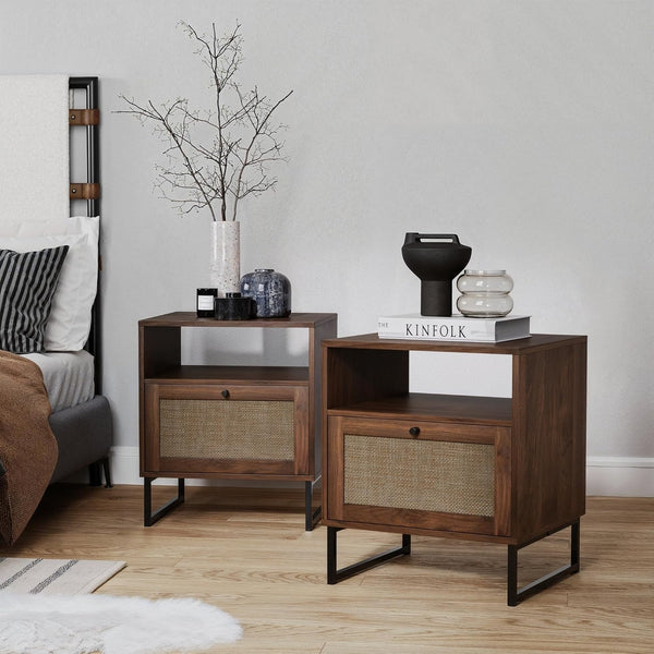 English Elm Wood Beacon Seagrass End Table Set of 2 with Hidden Storage, Boho MDF Nightstands in Antique Grey W295P210805