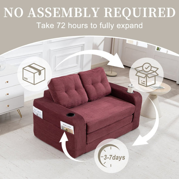 English Elm Convertible Floor Sofa Bed with Memory Foam and Ribbed Corduroy for Small Spaces Wine Red W395P438031
