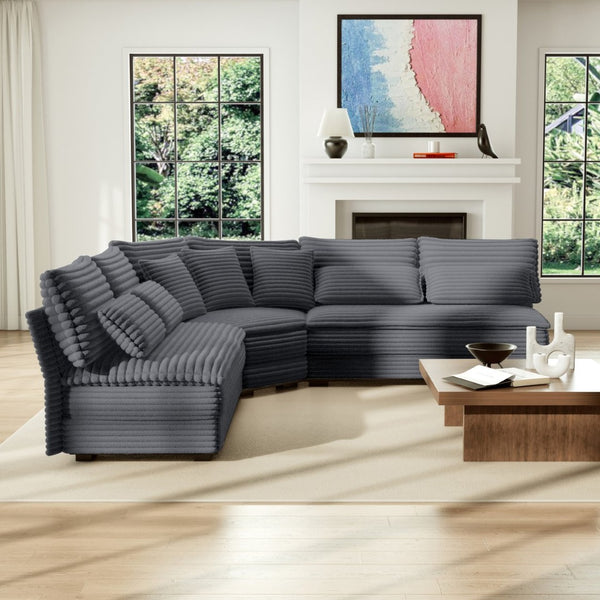 English Elm 5-seater Curved Corner Sectional Sofa Ribbed Corduroy Upholstery with Seven Accent Pillows Dark Gray W2606S00016