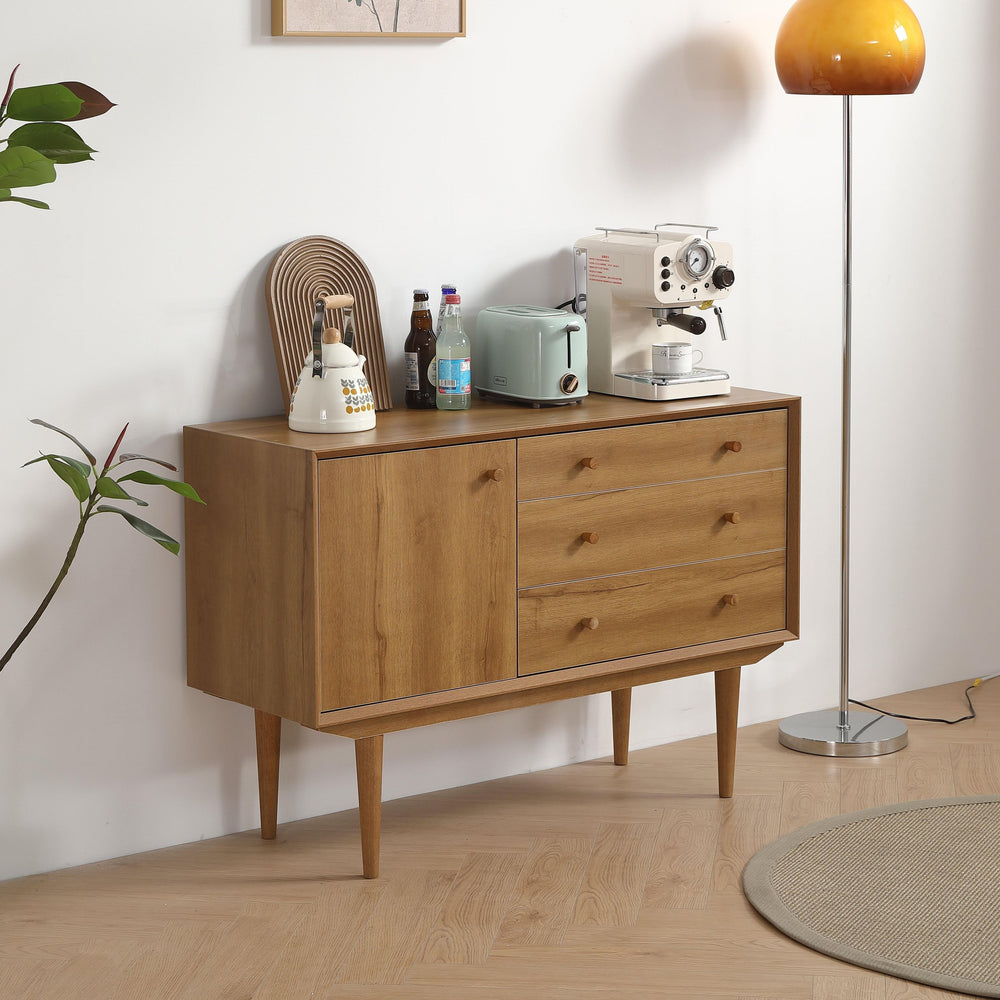 English Elm ANTIQUE Modern 4-Drawer 2-Door Buffet Sideboard with 3D Edge Design, Solid Wood Legs, Ample Storage Ancient Oak W1581P144413