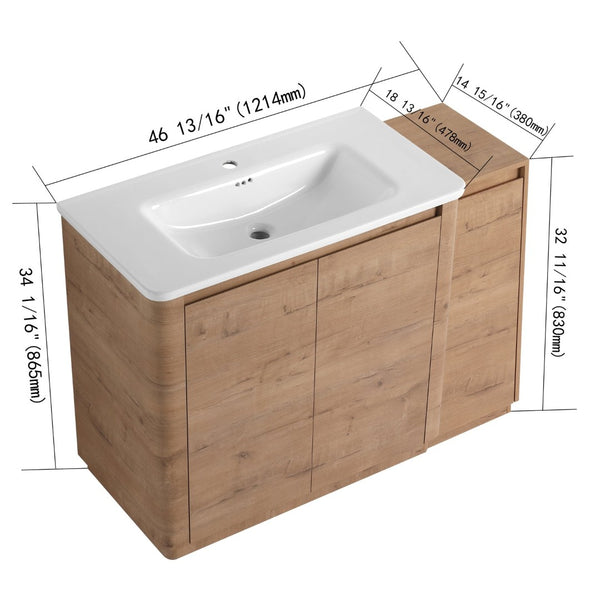 English Elm 48" Floating Bathroom Vanity Dual Ceramic Vessel Sinks Oak Finish Soft Close Doors W999S00512