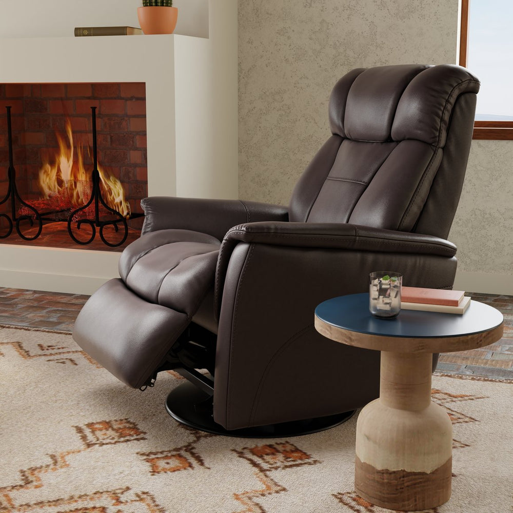 English Elm Global Swivel Glider Recliner In Bentley Dark Brown Faux Leather - Adjustable Headrest & Footrest Comfort B339P323104