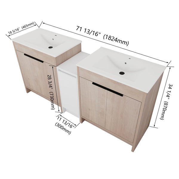 English Elm 72 Inch Freestanding Bathroom Vanity With Ceramic Sink, Soft-Close Doors & Ample Storage Solutions W999S00318