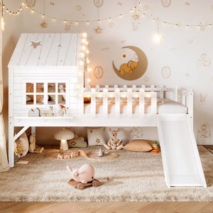 English Elm Twin Playhouse Loft Bed Solid Pine Frame with Slide Led Lights and Star Roof White W5316S00001