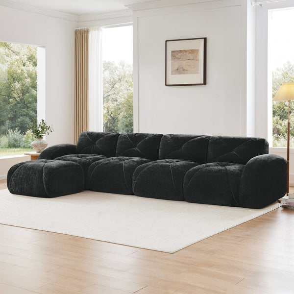 English Elm L-shaped Modular Velvet Sectional Tufted Cloud Sofa with Ottoman for Living Room Black W714S01630