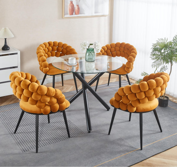 English Elm Round Tempered Glass Dining Table with Black Metal Base for Modern Compact Spaces W234P270452