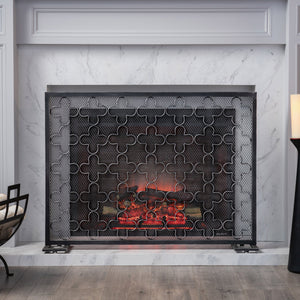 English Elm Christopher Knight Home® - FIRE Modern Single Panel Iron Fireplace Screen Black Brushed Silver – Clover Trellis Mesh Guard, 43x32 65180.00BBSILV