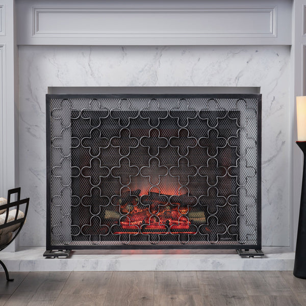 English Elm Christopher Knight Home® - FIRE Modern Single Panel Iron Fireplace Screen Black Brushed Silver – Clover Trellis Mesh Guard, 43x32 65180.00BBSILV