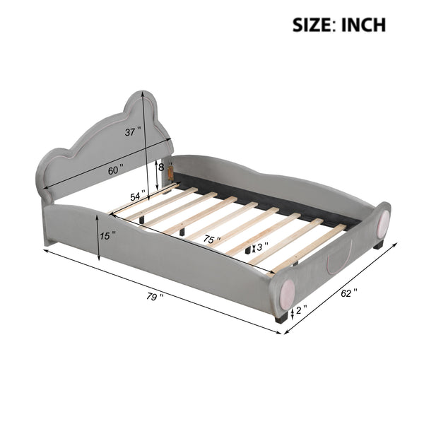 English Elm Full Velvet Bear-Shaped Platform Bed Full Size with Storage Pocket, Cute Cuddly Headboard, Gray Plush Finish SF000143AAE