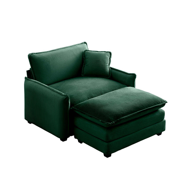 English Elm Single Deep Seat Sofa with Footstool and Pillow in Plush Corduroy, Retro Chic Comfort for Living Spaces Green W714S00698