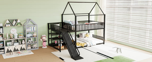 English Elm Full Metal House Bunk Bed with Slide Storage Stairs and Safety Rails for Kids W1580S00345