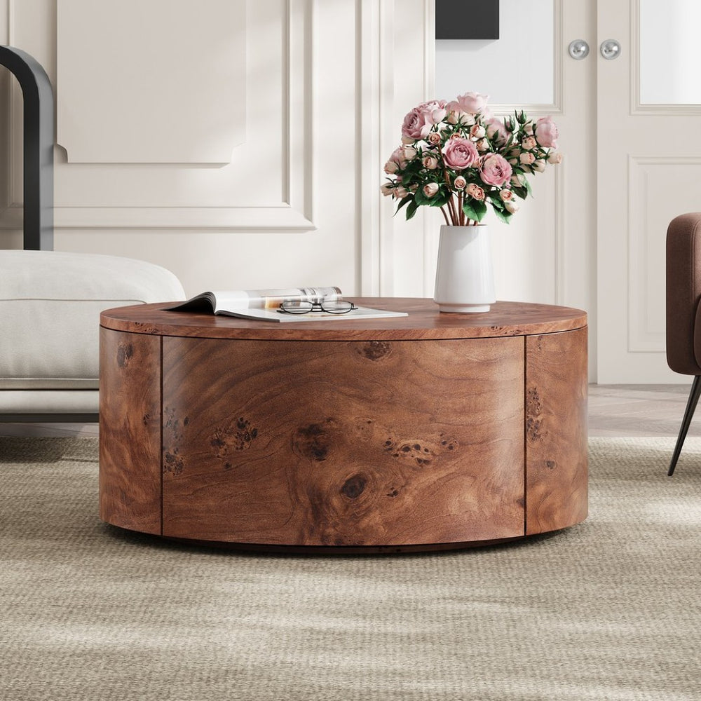 English Elm Burl Veneer Round Coffee Table Swivel Top Two Drawers Walnut Living Room N735P387206D